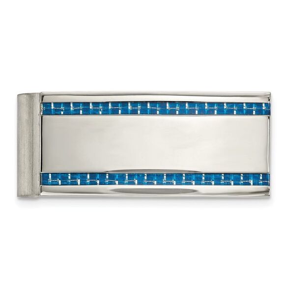 Stainless Steel & Blue Carbon Fiber Striped Spring Loaded Money Clip - Picture 1 of 5